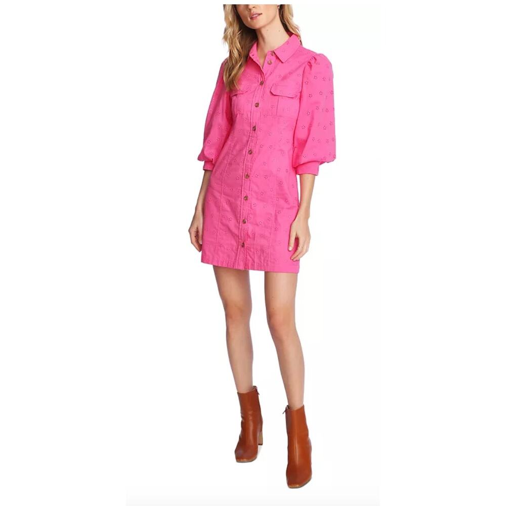 Vince Camuto Pink Eyelet Puff Sleeve Shirt Dress NWT Size 4